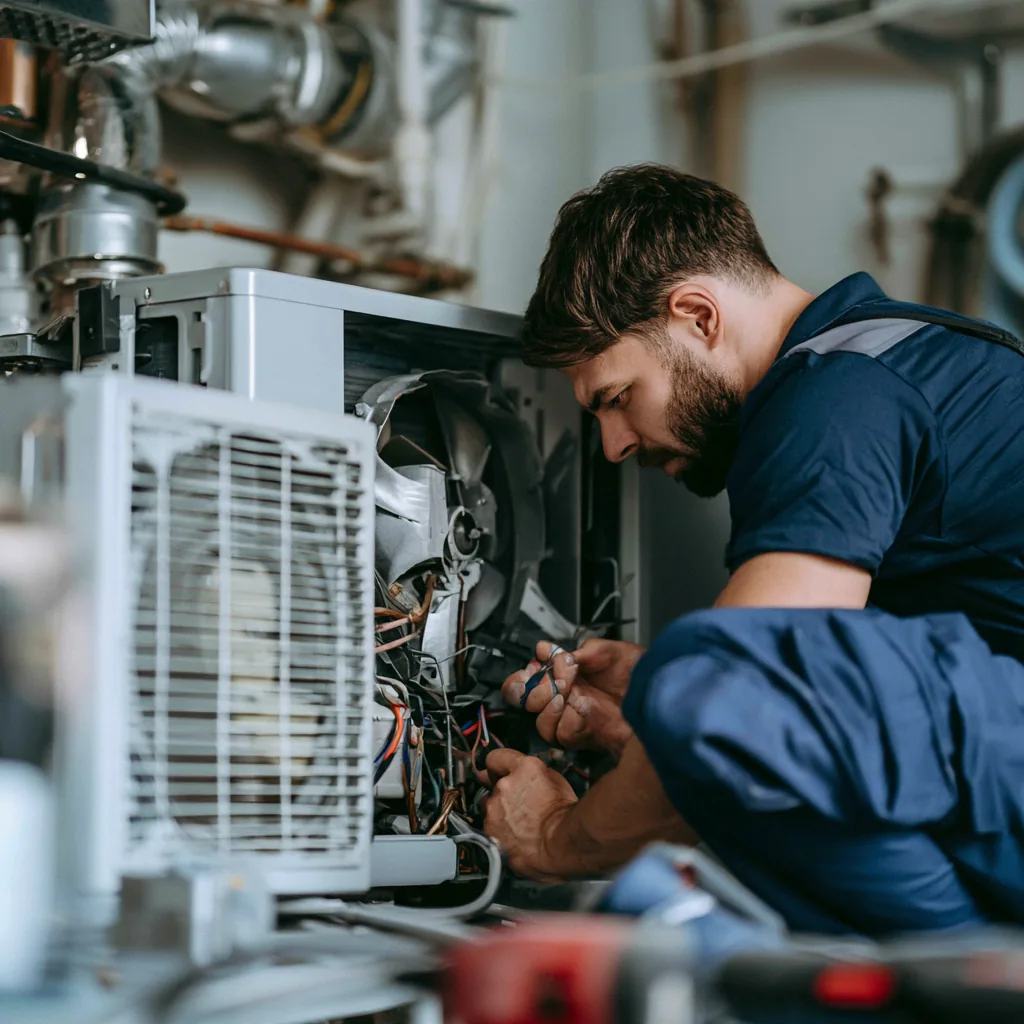 HVAC technician repairing components inside residential equipment