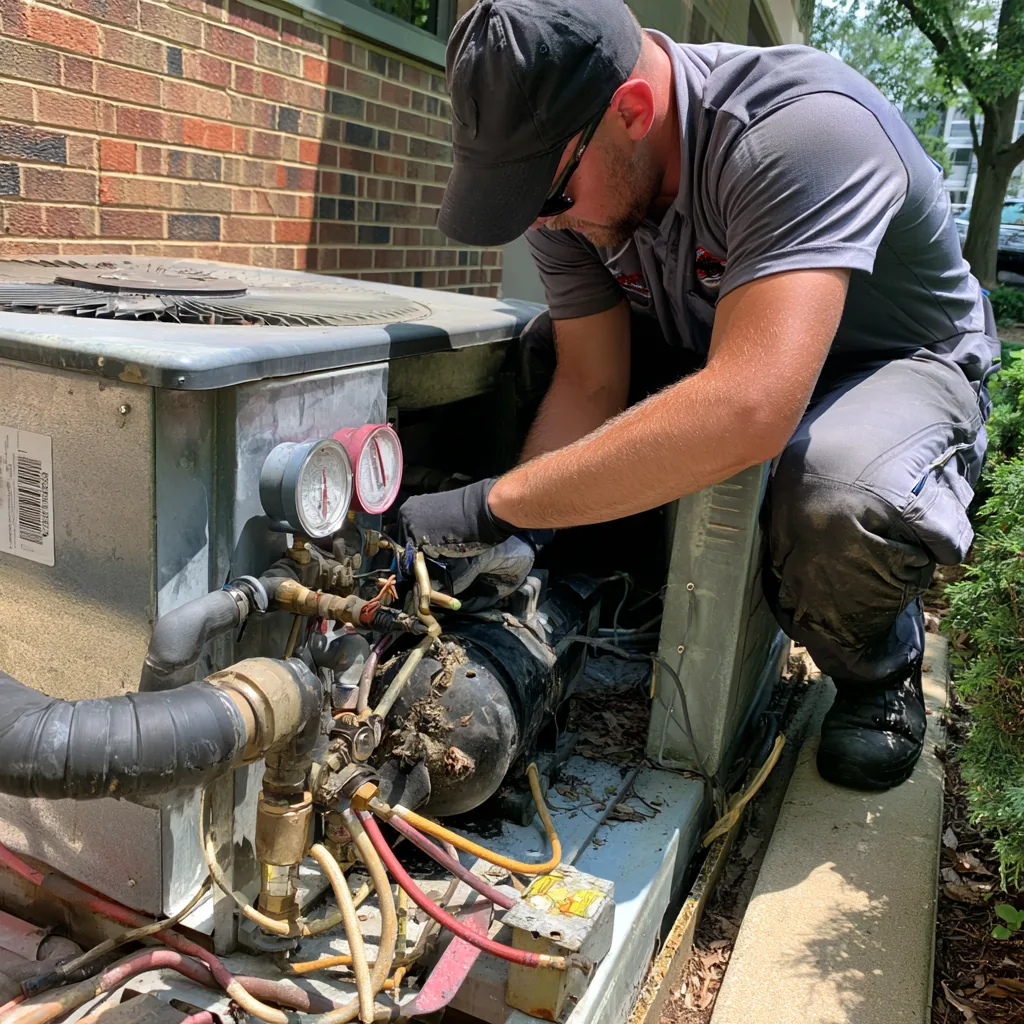 HVAC technician testing an open air conditioning system