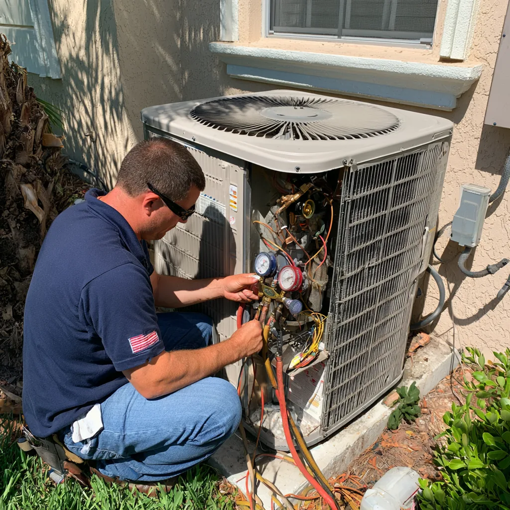 HVAC technician checking pressure gauges on residential equipment