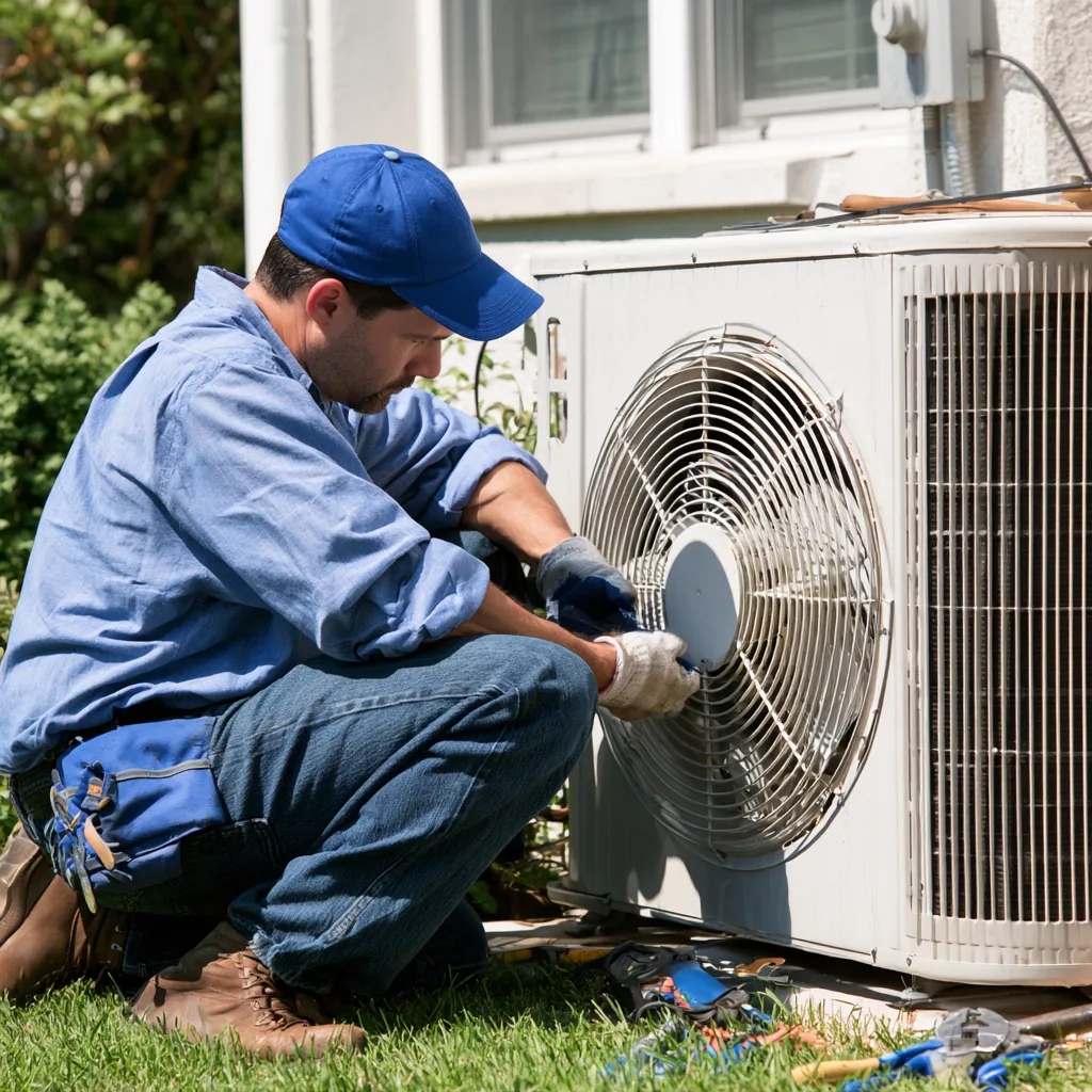 HVAC technician inspecting a residential outdoor unit