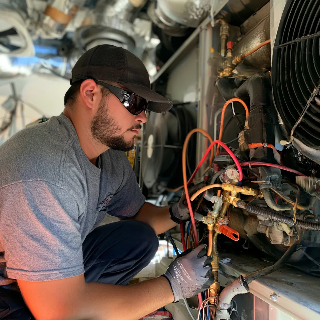 HVAC technician servicing mechanical components inside equipment