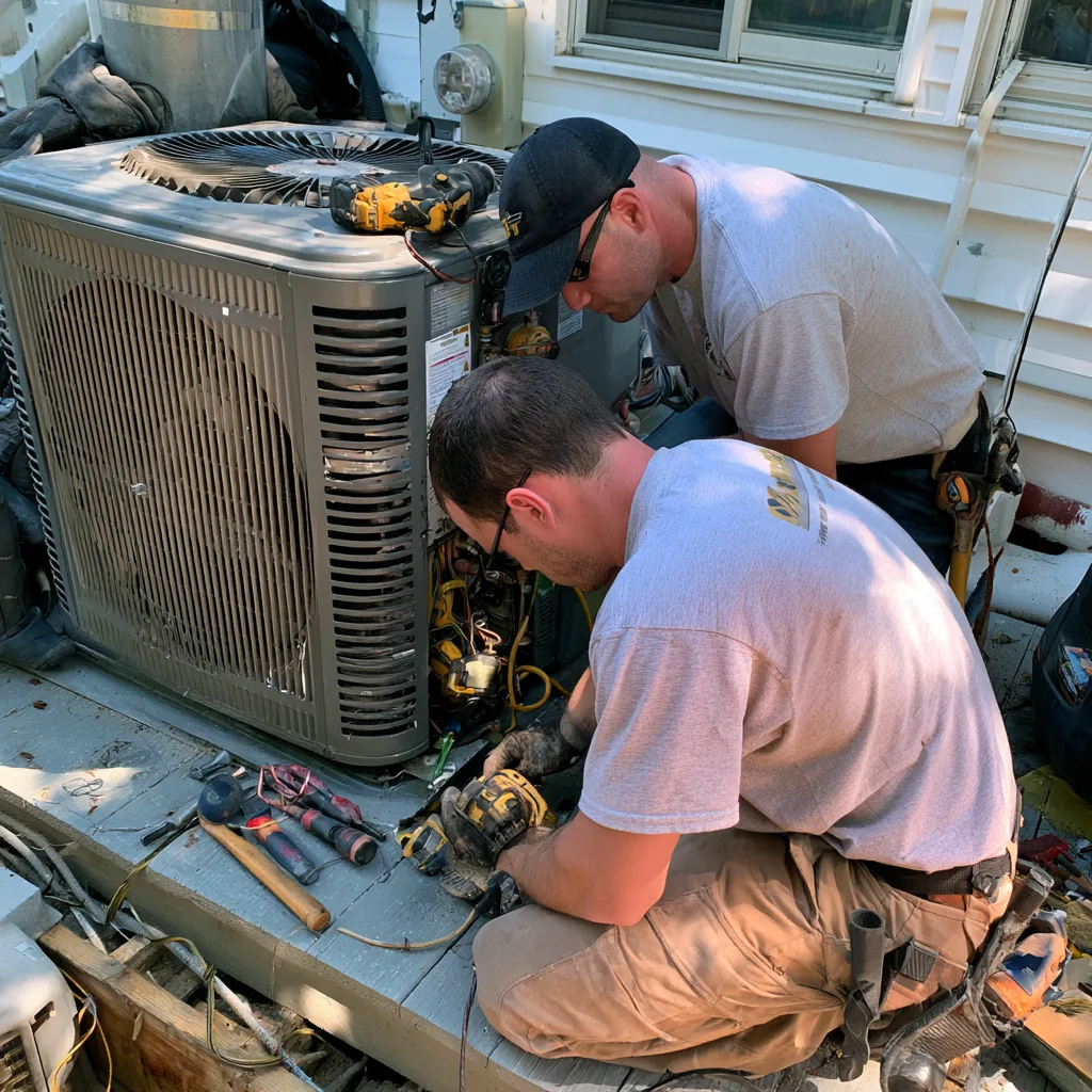 Two technicians working together on residential HVAC equipment
