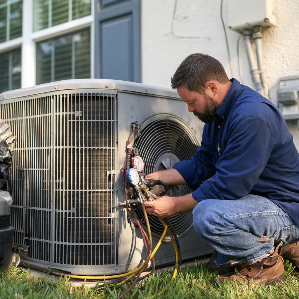 HVAC technician connecting diagnostic gauges to an outdoor system